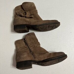 BORN Leather Suede Ankle‎ Boots Brown Braided Tassel Buckle Side Zip Women 7.5M